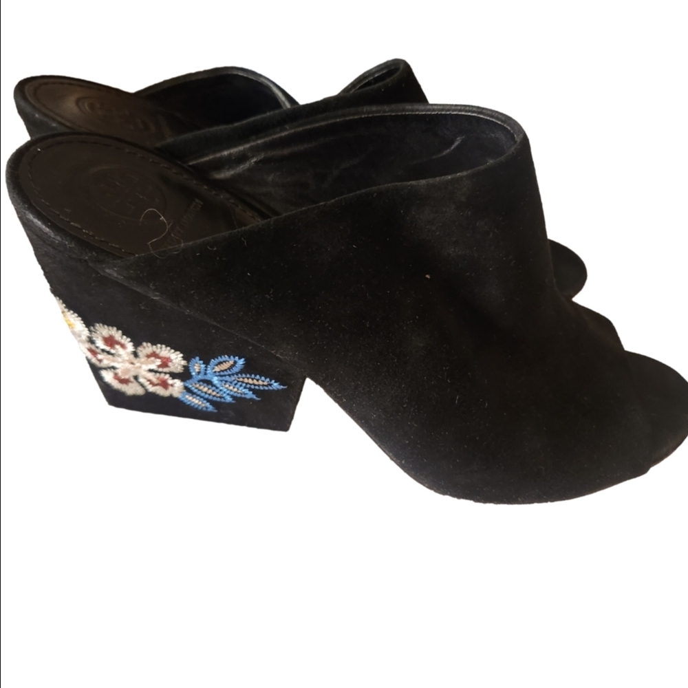 Tory Burch Black Suede Open-Toe Mule with Floral Embroidered Block Heel